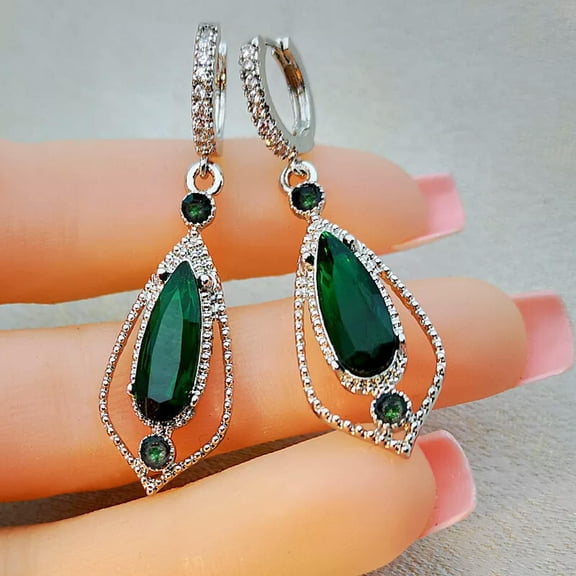 GKNET Women Delicate Jewelry 925 Silver Green CZ Long Water Drop Dangle Hoop Huggie Earrings