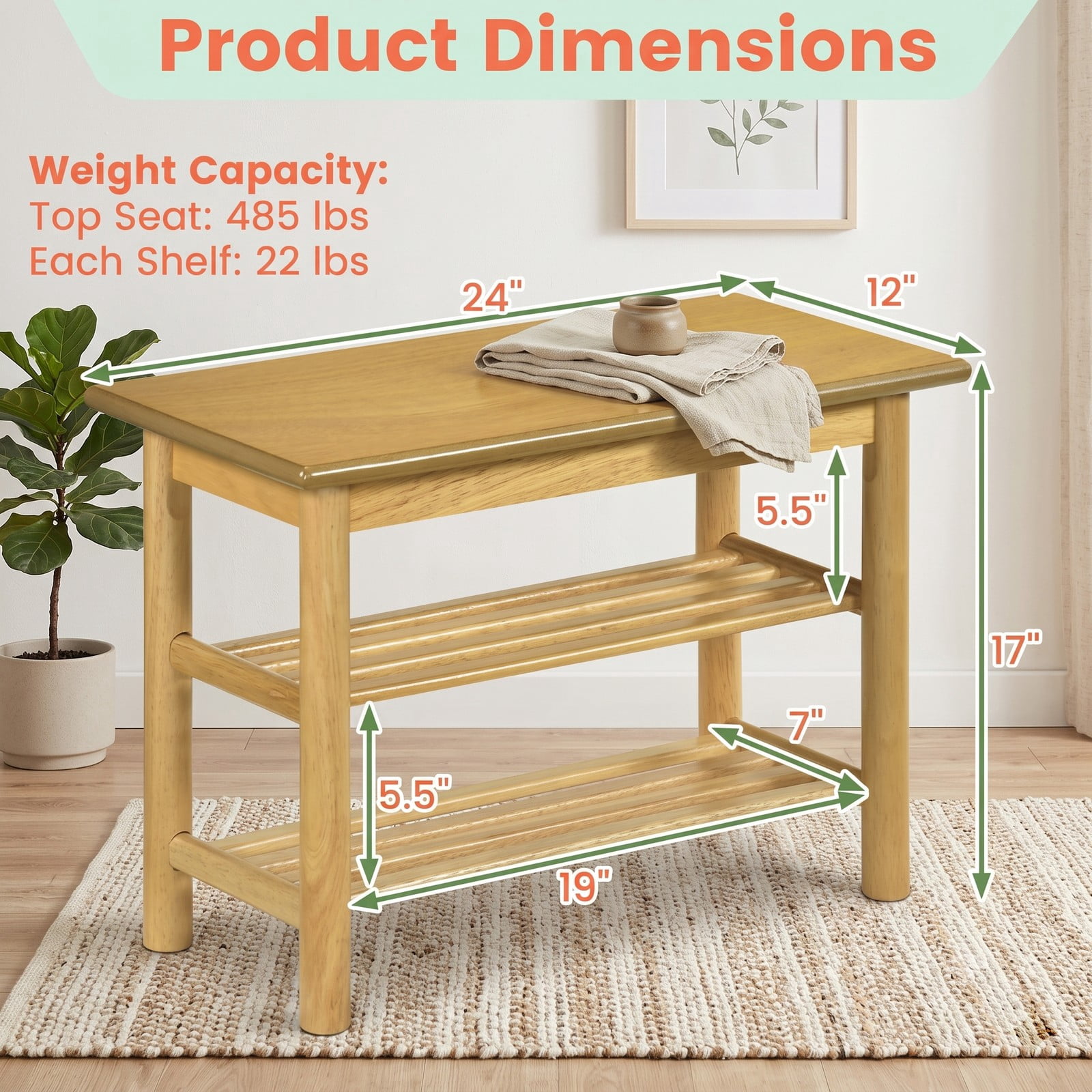 Furnibear 3-Tier Rubberwood Shoe Rack Bench with Wide Seat and Slatted Storage Shelves for Entryway Bedroom and Living Room, Natural