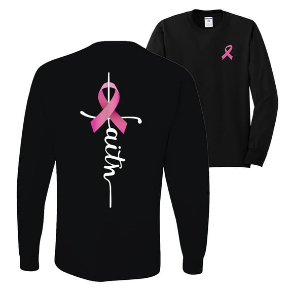 Wild Bobby Faith Breast Cancer Ribbon Breast Cancer Awareness Front and Back Mens Long Sleeve Shirt, Black, Small