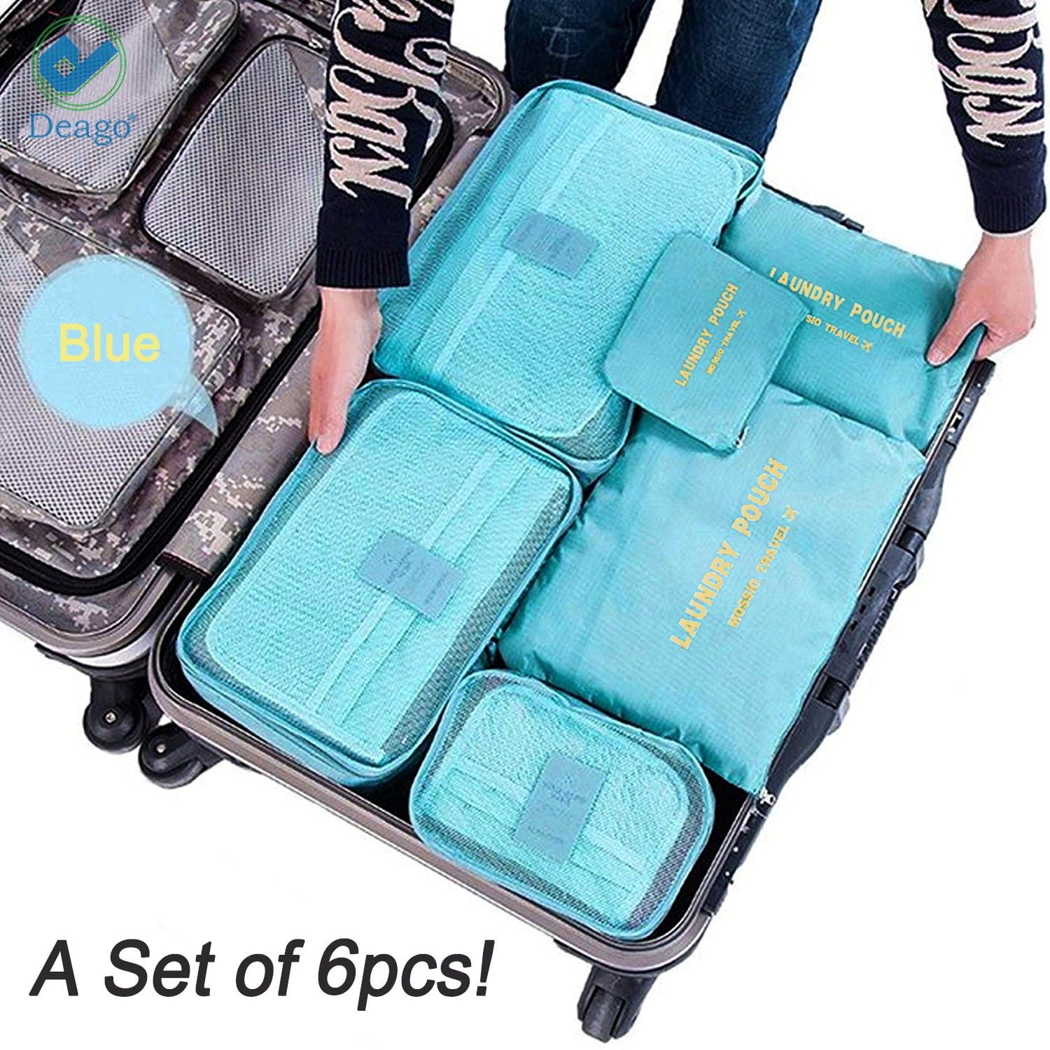 Deago Set of 6 Packing Cubes Compression Travel Carry On Luggage Organizer  Bags Toiletry Bag Lightweight Pouch 