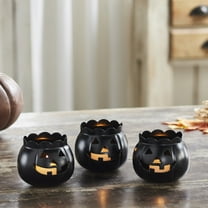 VHC Brands Jack-O-Lantern Candle Holder Black Set of 3, Fall and Halloween Kitchen Dining Table Candle Holder, Pumpkin Decor Deep Black, 3x3.5