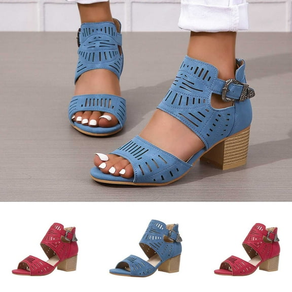 Jacenvly 2024 New Women's Summer New Large-Size Hollow Fish Mouth Chunky Heels Sandals Blue Sandals for Women
