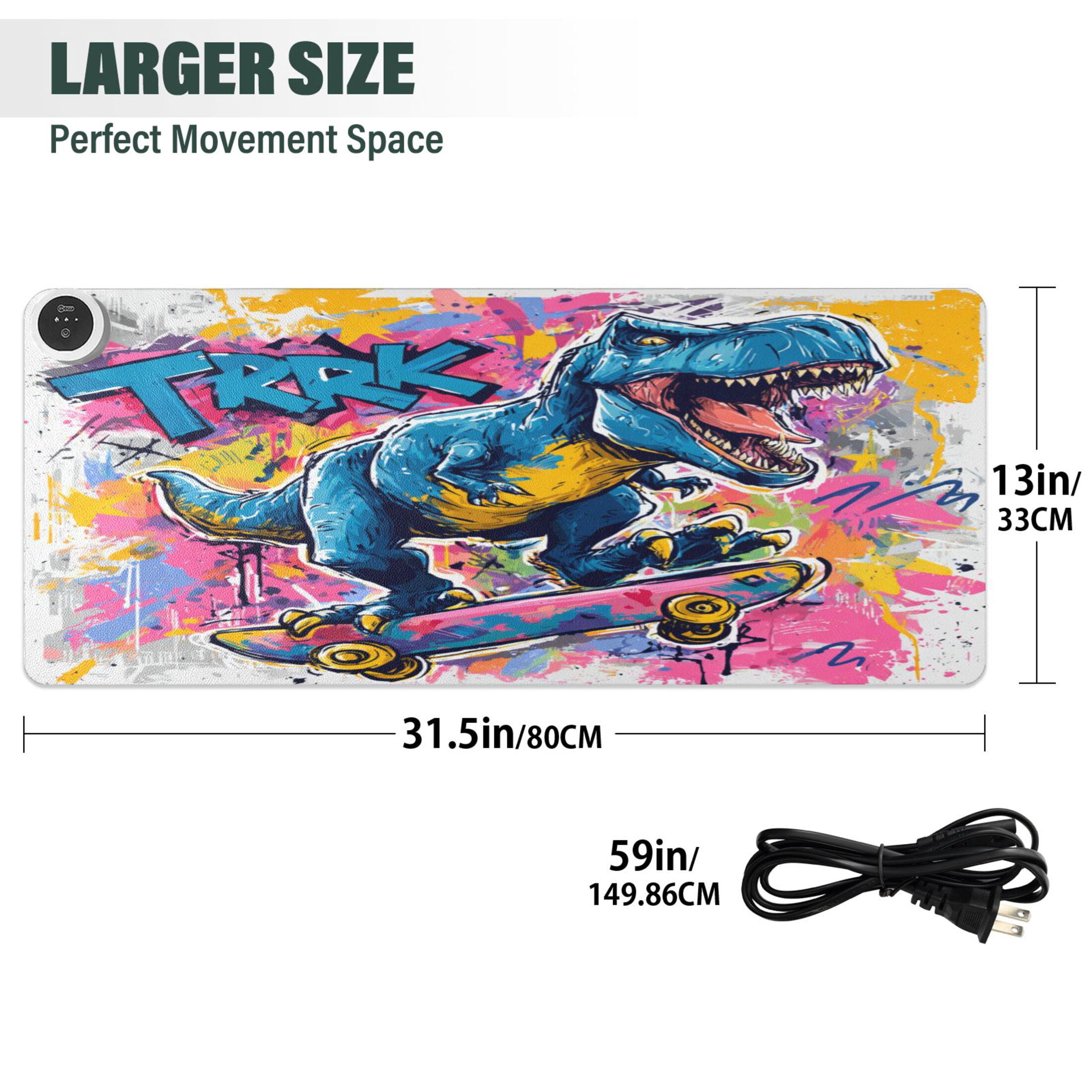 Large Heated Desk Mat Mouse Pad 31.5"x13"PU Leather Graphene Heating Desk Warmer with 3 Temperature Settings 110V US Plug Non-Slip Warm Pad for Home, Office, and Gaming Street Art Dinosaur Design