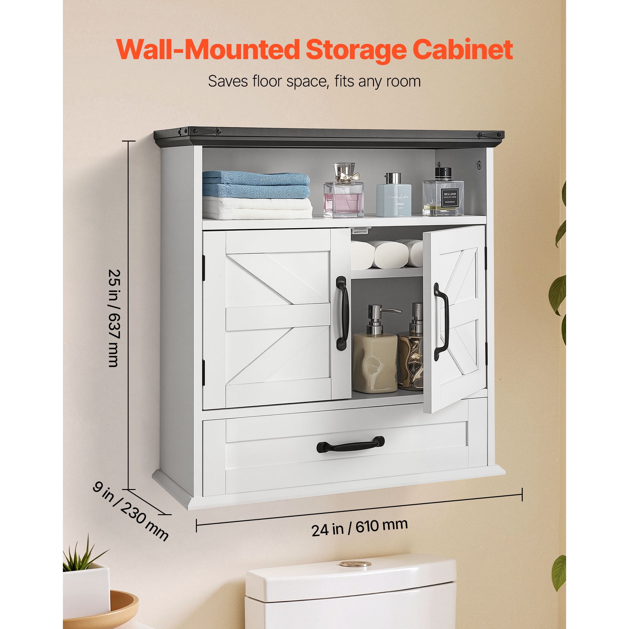 KFFKFF Bathroom Wall Cabinet with Adjustable Shelf, Over-the-Toilet Storage, Wall-Mounted Organizer with Drawer and Open Partition for Kitchen, Laundry Room, or Restroom, White