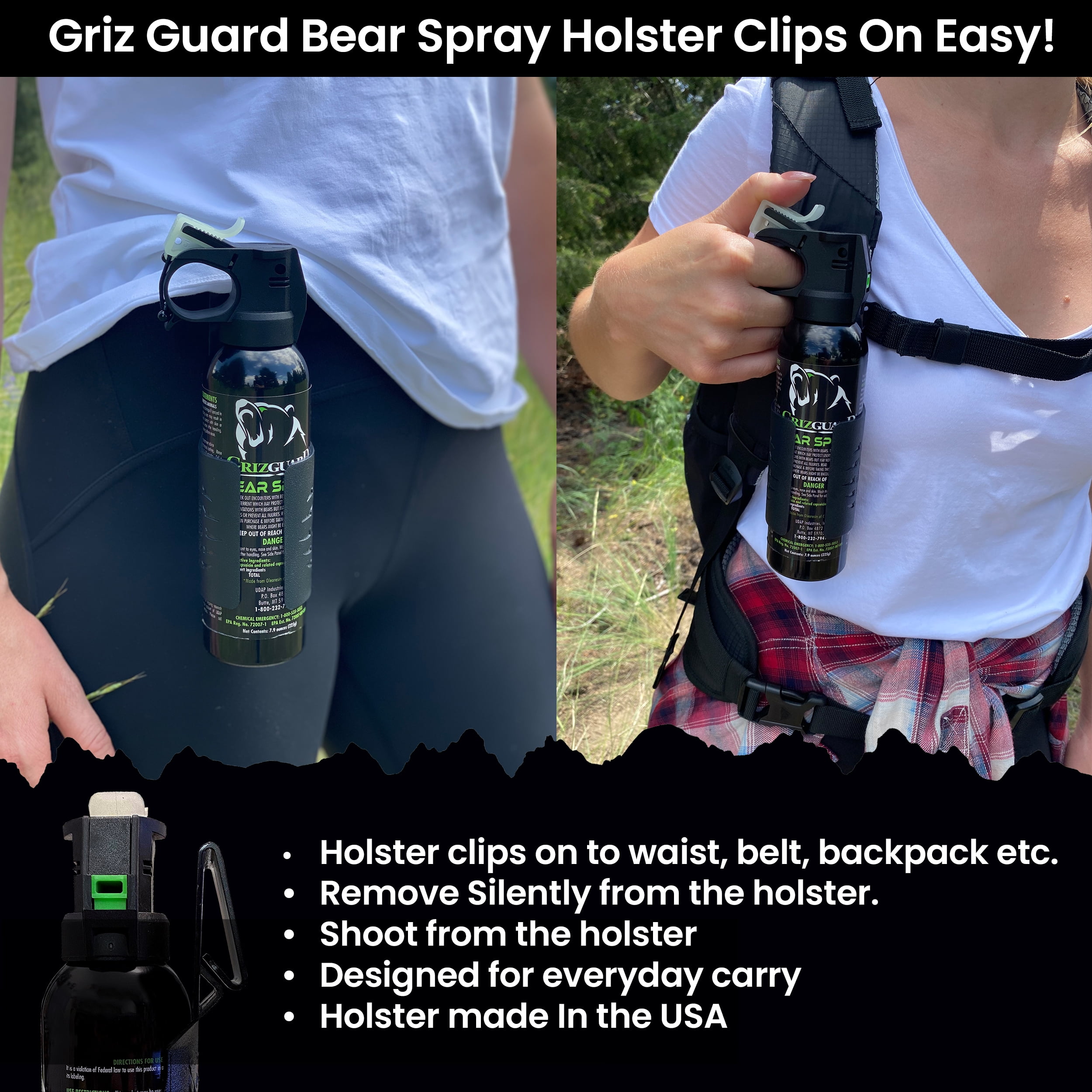 Griz Guard Bear Spray with Holster 40 ft Range, Maximum Strength, EPA-Registered Spray for Bears, Mountain Lions, Coyotes, Dogs, & Moose, Outdoor Hiking & Camping Protection, Glow Safety Clip, 7.9 oz