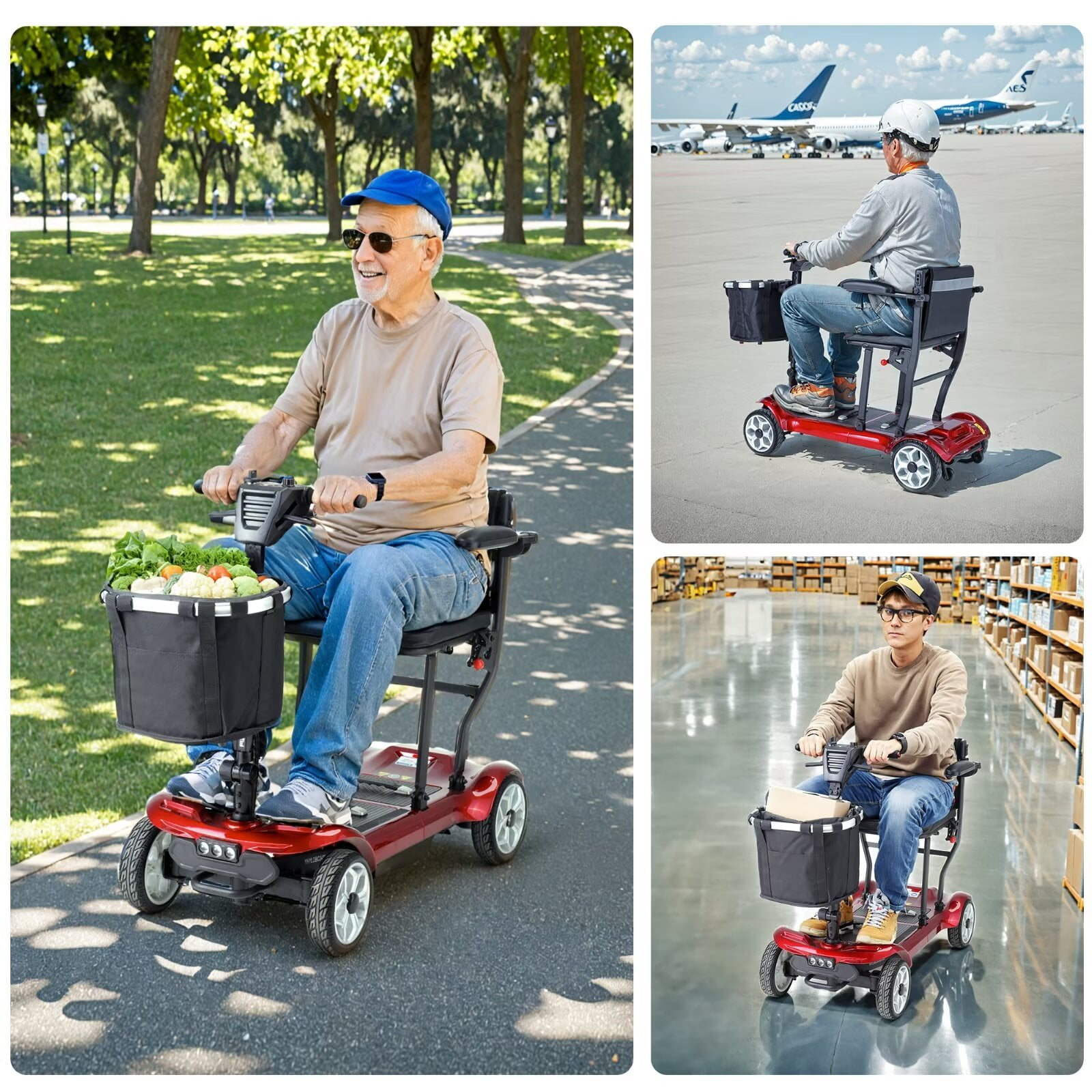 SACVON Lightweight Foldable Mobility Scooter for Seniors, Portable Electric Wheelchair with Lithium Battery, Red