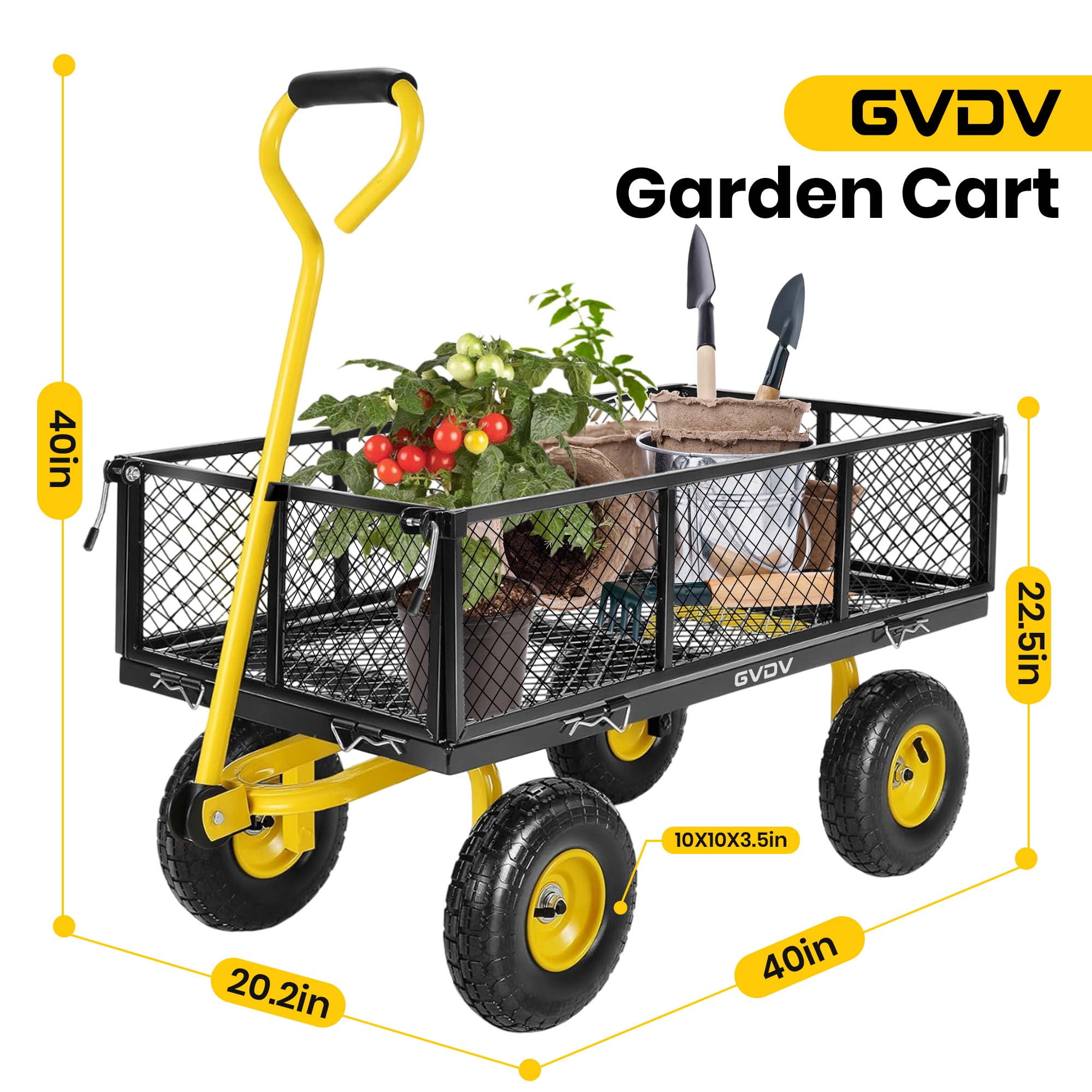 GVDV Heavy Duty Steel Garden Cart with Liner, 40" x 20", 660lbs Capacity, 10" Wheel, Utility Cart for Yard Work Hauling and Outdoor Use, Black/Yellow