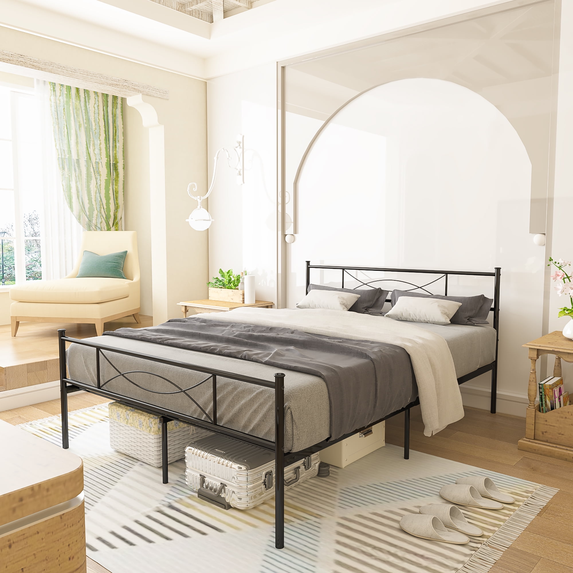 Yoneston Queen Size Metal Platform Bed Frame Bedroom Furniture with Headboard,Black