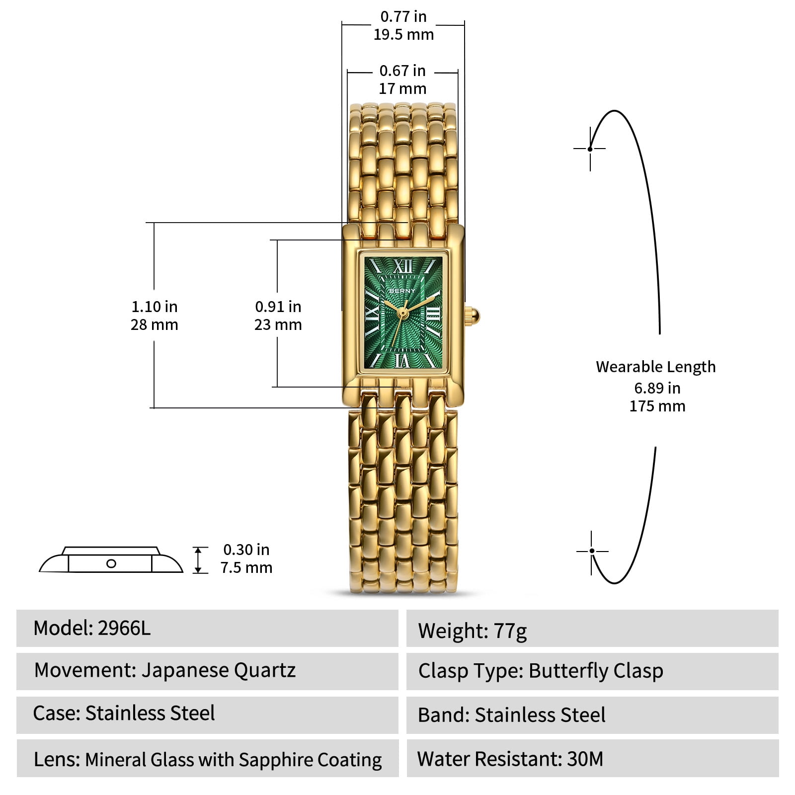 BERNY Small Gold Watches for Women, Luxury Vintage Rectangular Case Roman Dial, Dainty Stainless Steel Bracelet Watch, Adjustment Tool Included, Waterproof, Womens Gold Watch Gifts (Green)