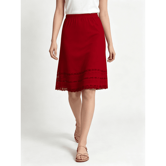Atkumj Womens Slip Skirt Fashion Lace Trim Hem Knee Length Skirt for Women Comfortable Elastic Waist Solid Color Casual Skirt S