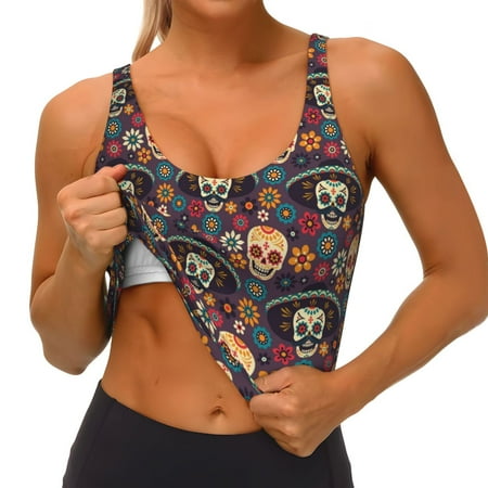Qokaie Skulls and Flowers Pattern Womens Scoop Neck Sports Bra Breathable Workout Vest Padded U Back Medium Impact Fitness Gym Yoga Bra Workout Crop Top