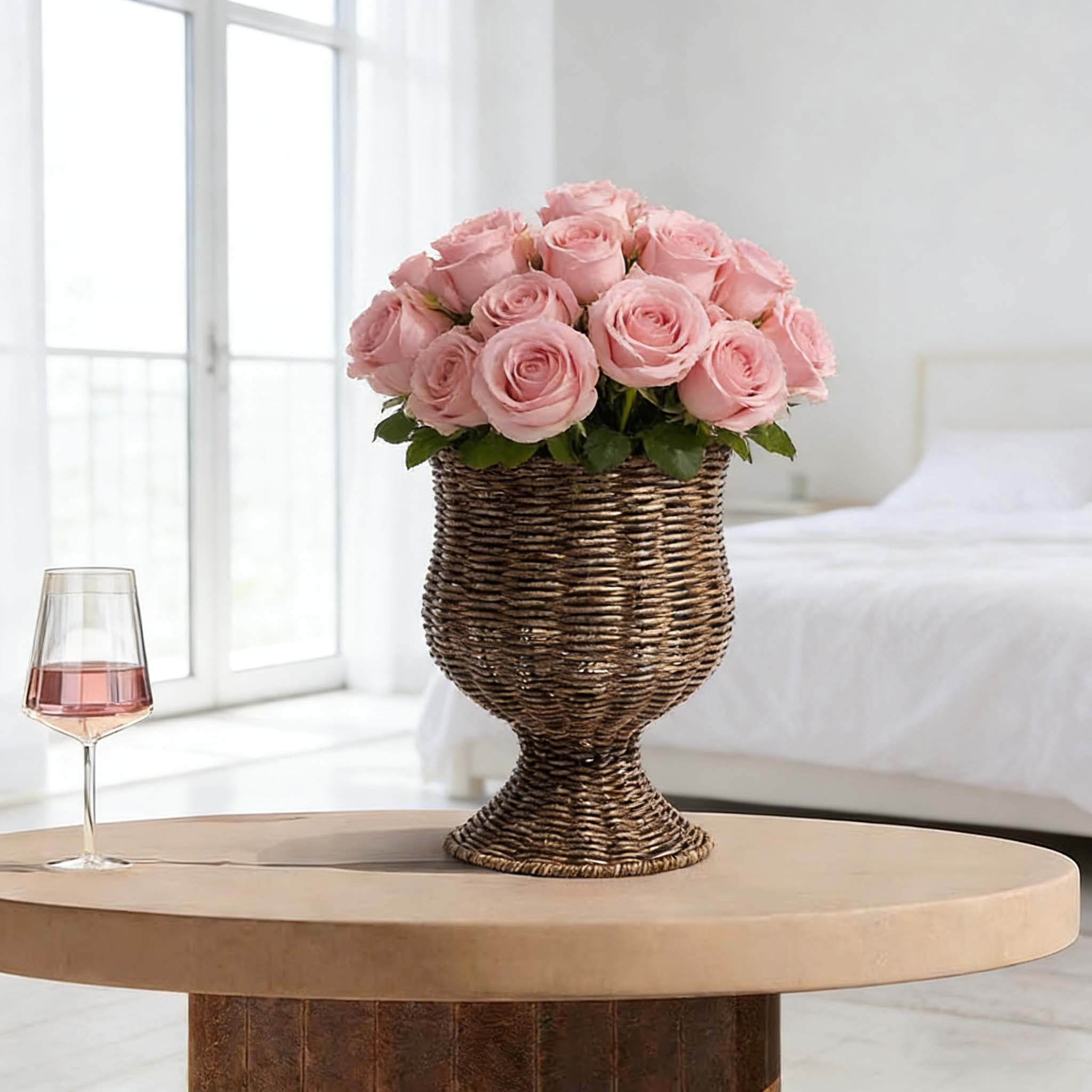 WKSCLPAI Artisanal Handwoven Rattan Planter, Goblet Urn Shape 11*8" Brown, Spring Home Flower Pot, Elegant Hourglass Silhouette, Stable Base, Versatile for Entryway/Dining Table Decor