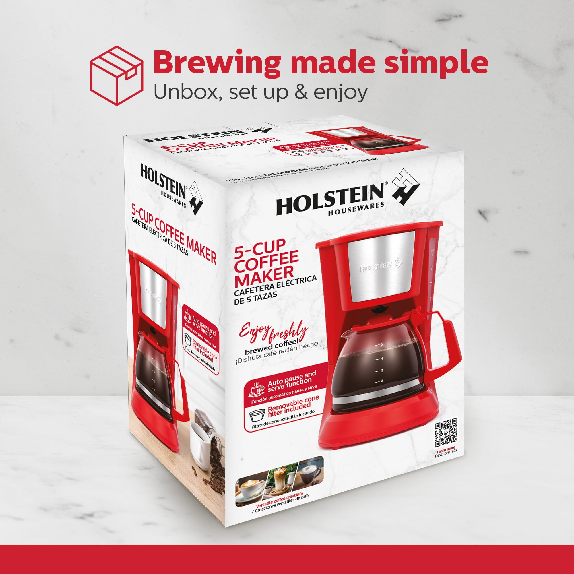 Holstein Housewares 5-CUP Coffee Maker - Space-Saving Design, Auto Pause and Serve, and Removable Filter Basket for Fresh and Rich-Tasting Coffee - RED