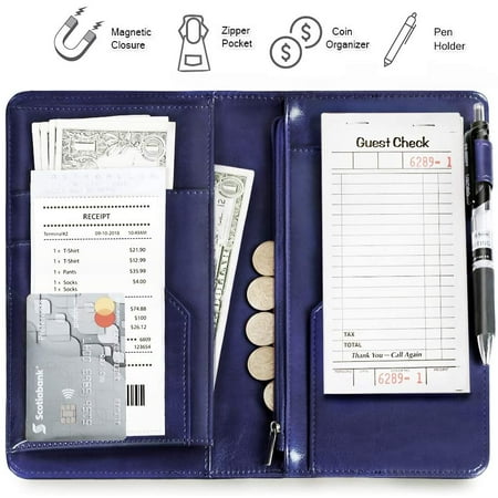 Server Book Organizer, 5 x 9 Inch Server Book Wallet with Zipper Pocket and Pen Holder for Restaurant Waitress Waiter, Blue