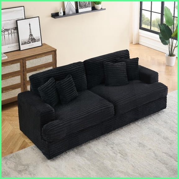 Modern Minimalist 85.58" Corduroy 3-Seater Sofa with 4 Matching Pillows – Ideal for Living Rooms, Black