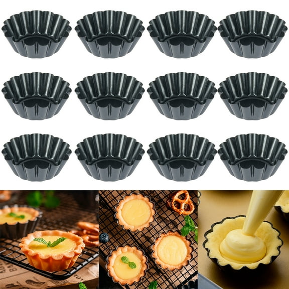 MTFun 12 Pieces Egg Tart Mold,Reusable Carbon Steel Baking Cups,Mini Cupcake Baking Molds Round Muffin Mould for Pies, Cheese Cakes, Desserts, Quiche Pan