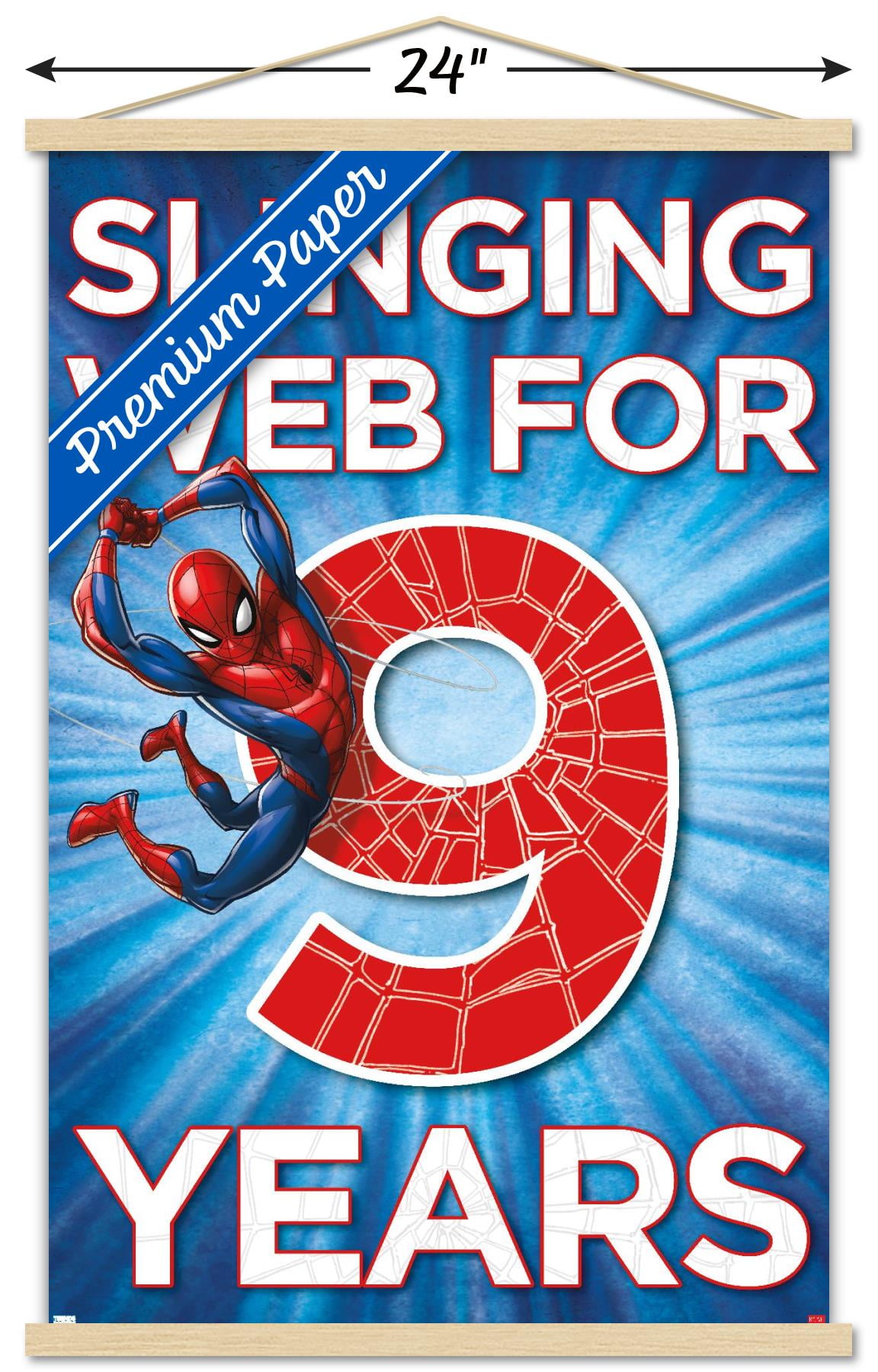 Marvel Spider-Man - Happy 9th Birthday Wall Poster with Wooden Magnetic Frame, 22.375" x 34"