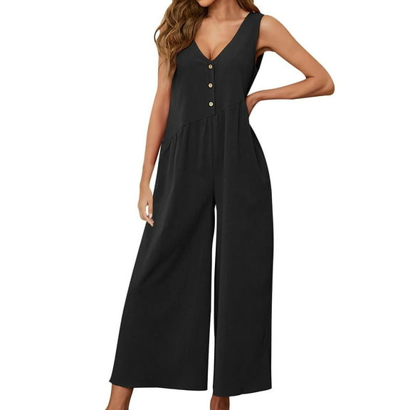 SELONE Womens Jumpsuits Loose Fit Long Pant Sleeveless Ladies Travel Comfortable 2023 Vacation Womens Jumpers and Rompers Casual High Waist Solid Color Single Bucklestraight Tube Black L