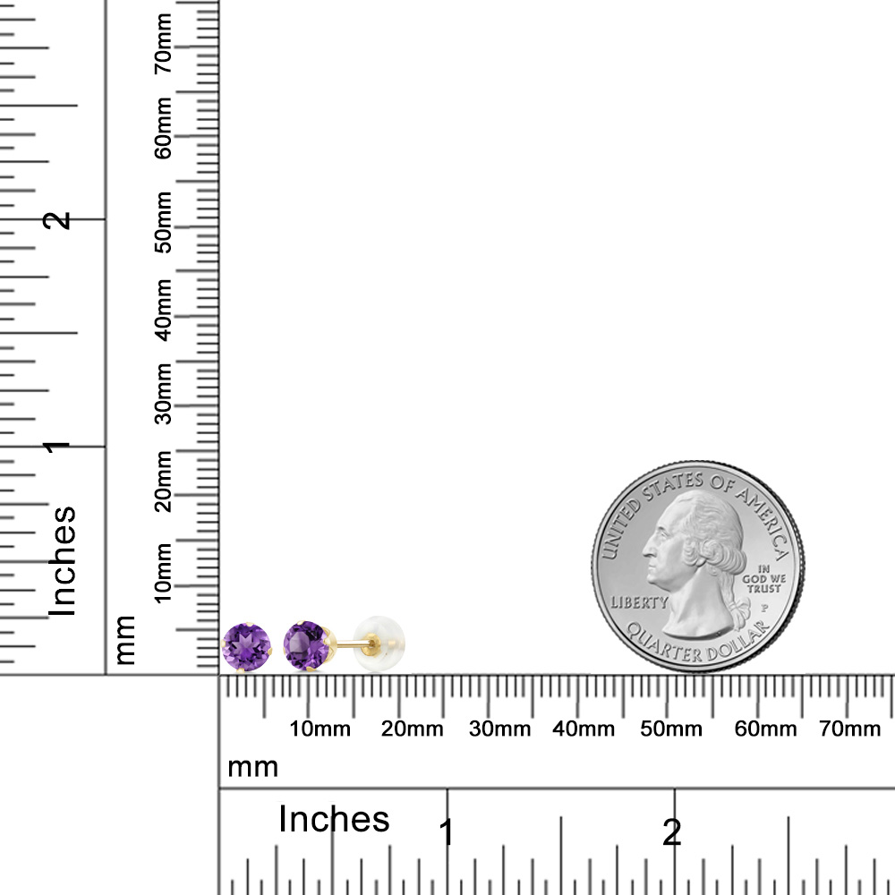 Gem Stone King 10K Yellow Gold Round Purple Amethyst 4 Prong Stud Earrings for Women Men (0.90 Cttw, Gemstone Birthstone, Round 5MM)