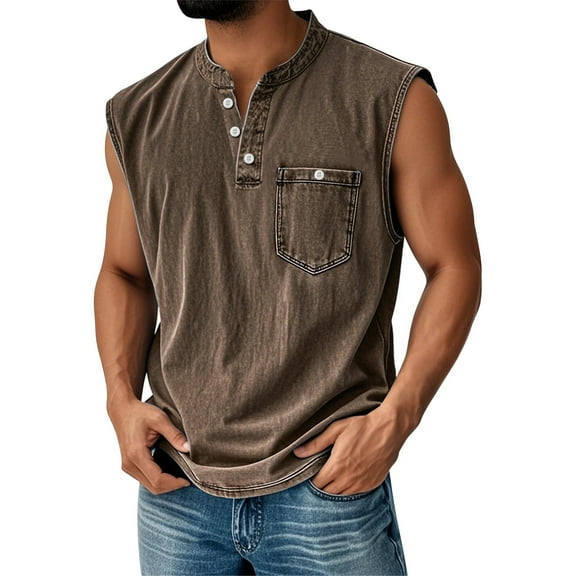 Evdexr Men's Shirts Casual Vintage Henley Button Down Sleeveless Gym Workout T-Shirt Solid Plain Lapel Tee Summer Relaxed Fit Tanks with Pockets Brown 3XL