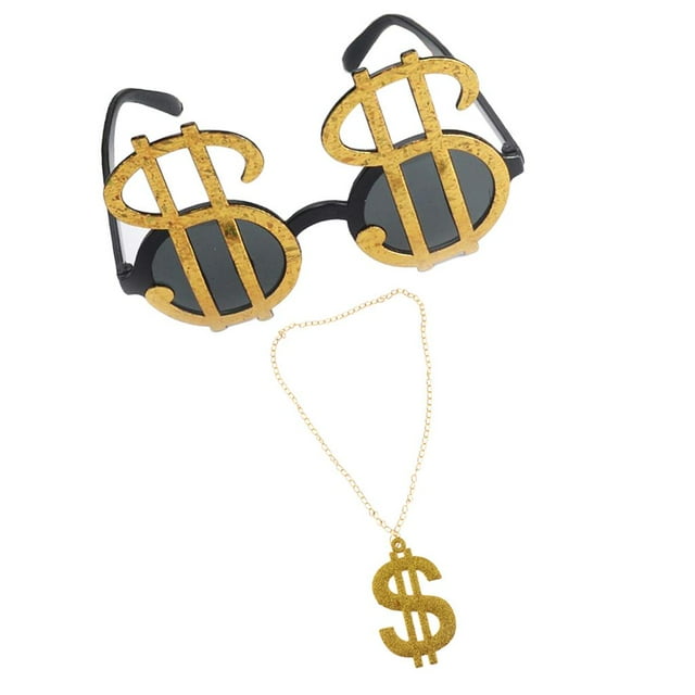 Paquete de 2 Piezas Bling USD de Dólar Gafas de terre Dinero Colgante Collar Disfraz Pimp Elegante Moda DJ Accesorio Yinane Gafas de sol dólar USD dorado