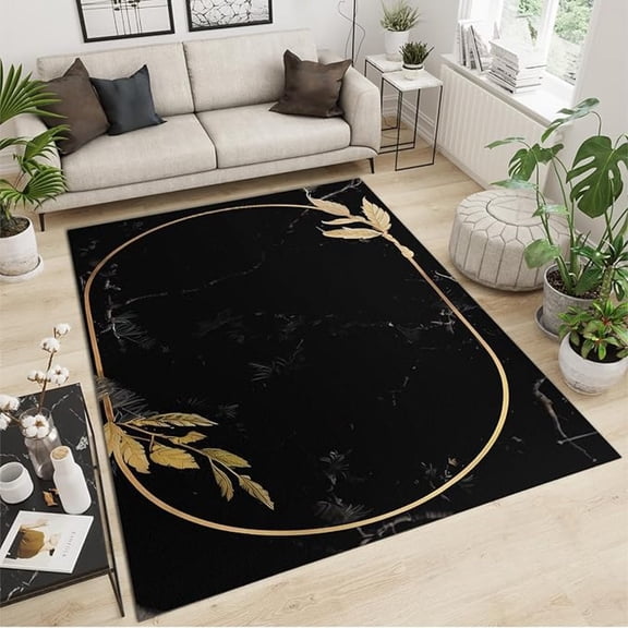 Golden Oval Frame Area Rug, Black Marble Print Large Area Rugs, Machine Washable Breathable Durable Carpet For Room Sofa Living Room Mat Bedroom Home Decor Floor Mats 2x3ft