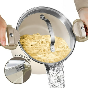 Gotham Steel Stock Pot 5 Quart Large Cooking Pasta Pot Nonstick Big Ceramic Soup Pot With Glass Lid Strainer Cream