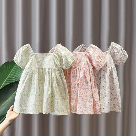 Swuxness Girls Dresses Puff Short Sleeve Print Short Outdoor Crew Neck Summer Soft
