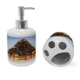 thumbnail image 2 of Ambesonne Christmas Soap Dispenser & Toothbrush Holder Set, Fir Tree Snowy Weather, 2 Pcs, Blue and Mustard, 2 of 6