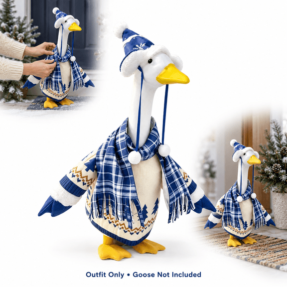 Winter Porch Goose Outfit for 23-Inch Statue, Plaid Scarf and Pom-Pom Hat Costume Set, Blue and Cream