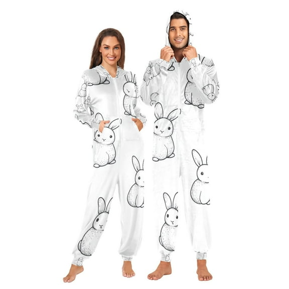 Bunny Rabbits Painting Adult Onesie Pajamas Slim Fit Christmas One Piece Suit Pjs for Women and Men Hooded Zipper