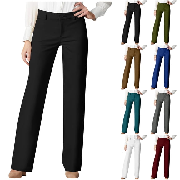 Bloomae Dress Pants Women Work Business Pants Tummy Control Office Straight Leg Trousers High Waisted Ladies Slacks with Pockets White S