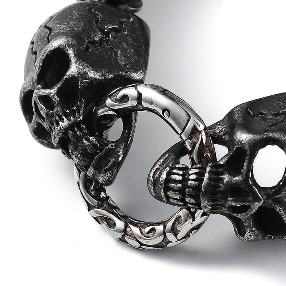 2 pc 304 Stainless Steel Skull Head Herringbone Chains Bracelets for Men & Women Gunmetal 8-1/2 inch(21.6cm)x1.2cm