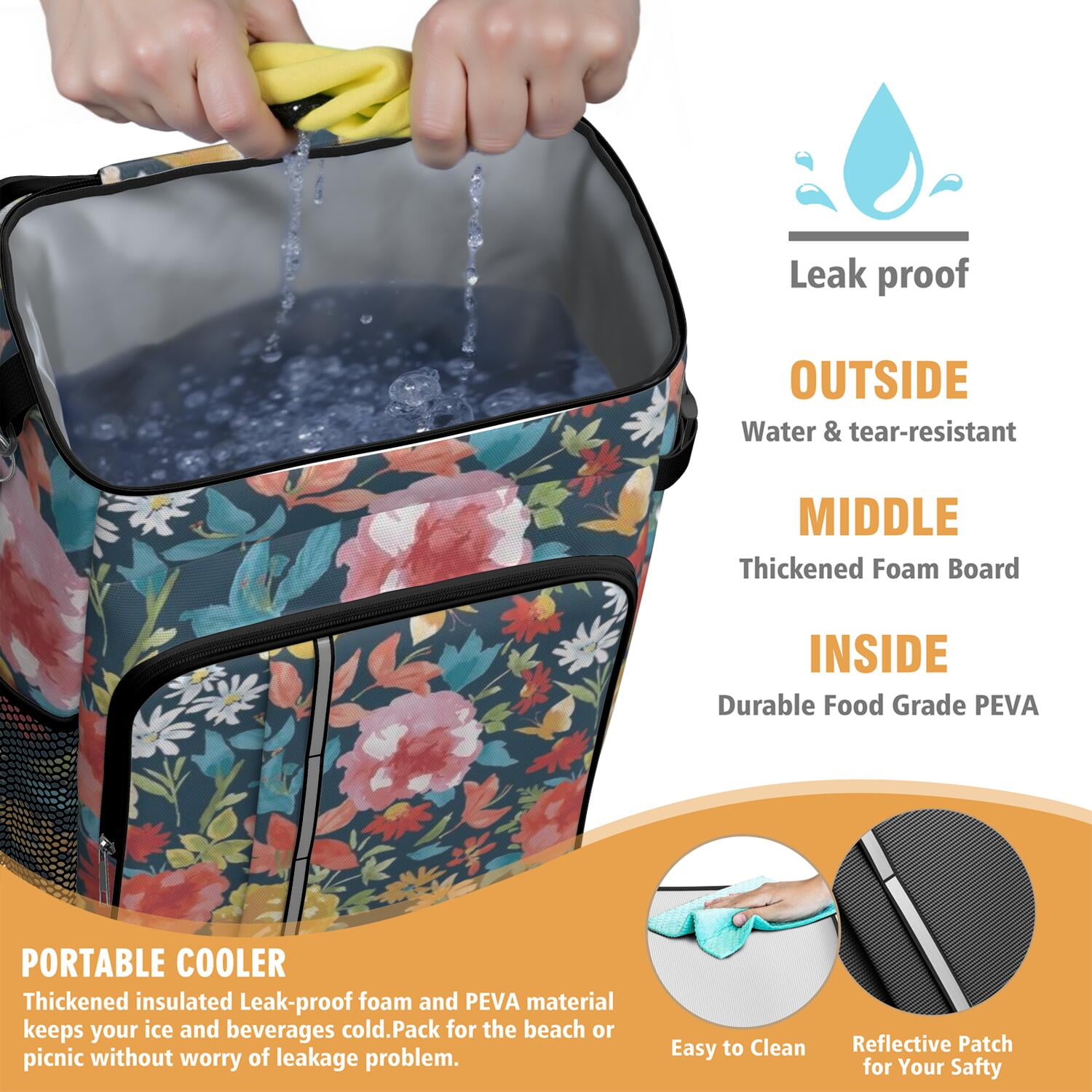Travel Cooler Bag - Pioneer Flower Floral Print Pattern Camping Beer Cooler Backpack with Bottle Opener- Waterproof Insulated Picnic Backpacks - Cooler Bag for Beach