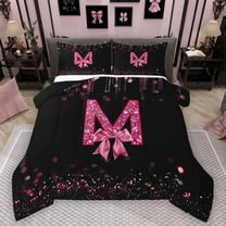 Manfei Letter Monogrammed Bow M 3 Pieces Queen Comforter Set for Boys Girls,Bling Glitter Ultra Soft Bedding Sets,Dreamy Princess Bedding Comforter Set Breathable,Lightweight Room Decor,Reversible
