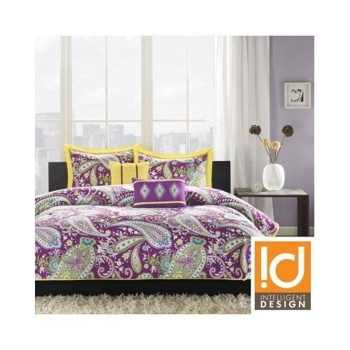 Twin Xl Comforter Set Teen Dorm Purple Paisley Bedding Yellow Modern Home Decor Bedroom Bedspread Set Includes One Comforter One Sham Two Pillows By Id Walmart Com Walmart Com