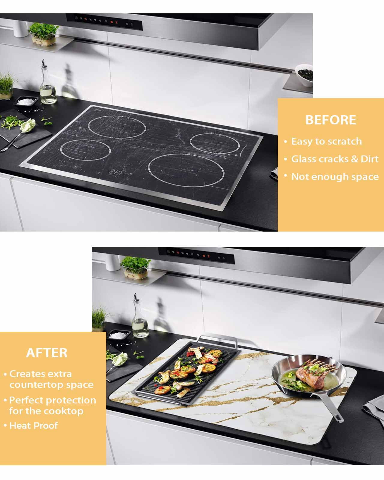 nqOlkjepod Large Induction Cooktop Protector Mat 24"x21", White Gold Modern Stove Top Covers for Electric Stove, Abstract Vintage Marble Geometric Stove Burner Cover Mats, Glass Top Stove Cover