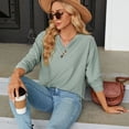 thumbnail image 4 of Camisas para mujer Tops casuales de manga larga Blusas de trabajo, camiseta holgada con botones y cuello en V liso, verde, S-XL, 4 of 6