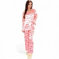 thumbnail image 2 of Women's Pink Heart Print Pajama Set with Button-Up Long Sleeve Top and Relaxed Fit Pants- Pink,Small, 2 of 7
