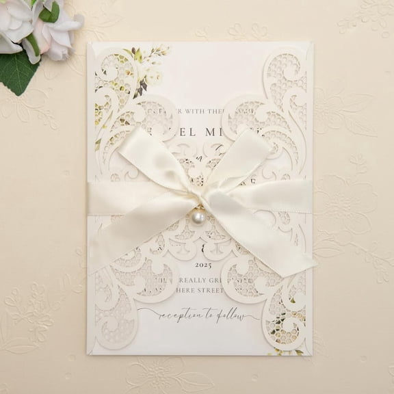 Laser Cut Wedding Invitation Cards With Envelopes and Ribbons (lvory)