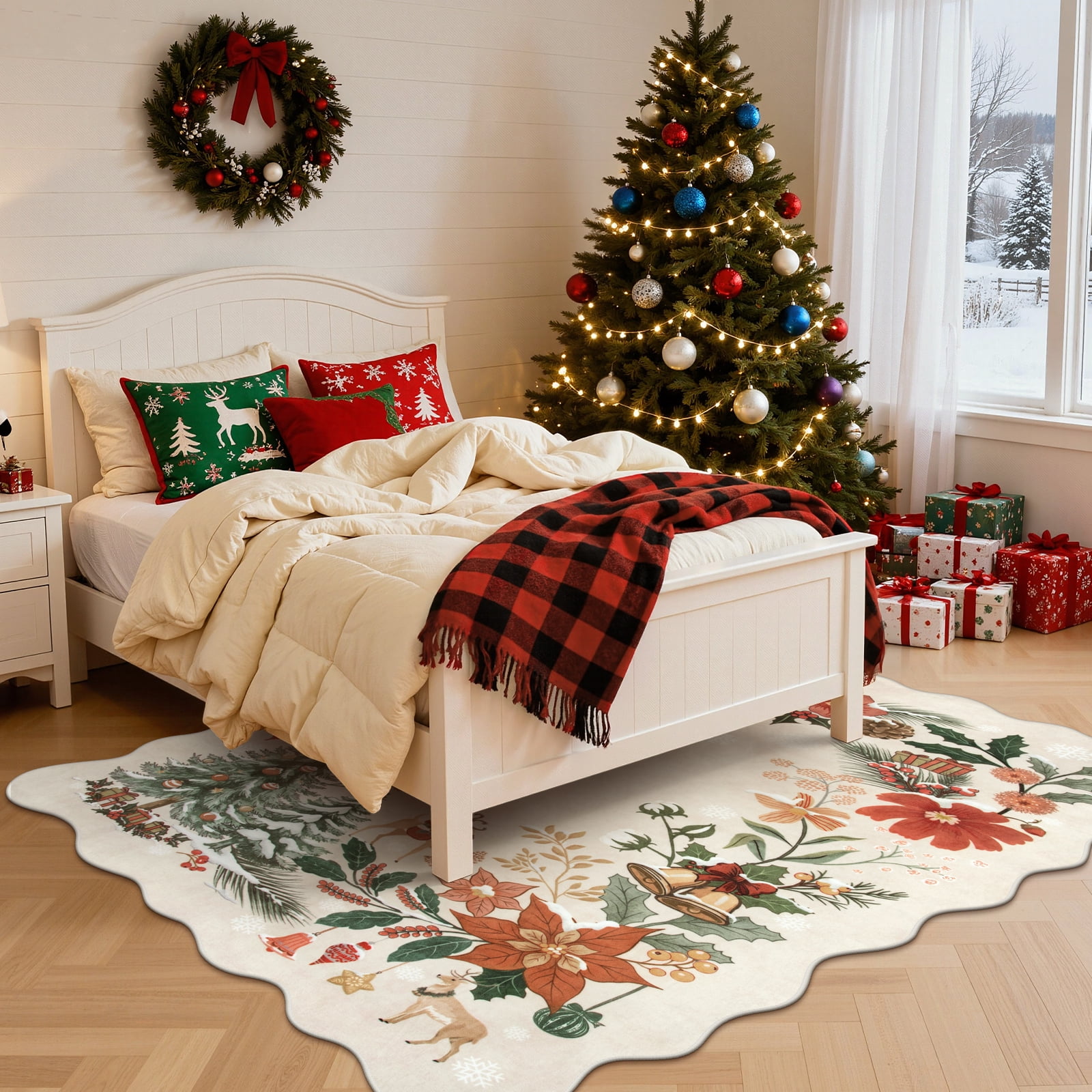 Moynesa 5'x7' Christmas Rug for Living Room, Xmas Tree Floral Rug Washable Rug Non Slip Boho Carpet Holiday Decor Soft Accent Rug for Bedroom Dining Room, Beige