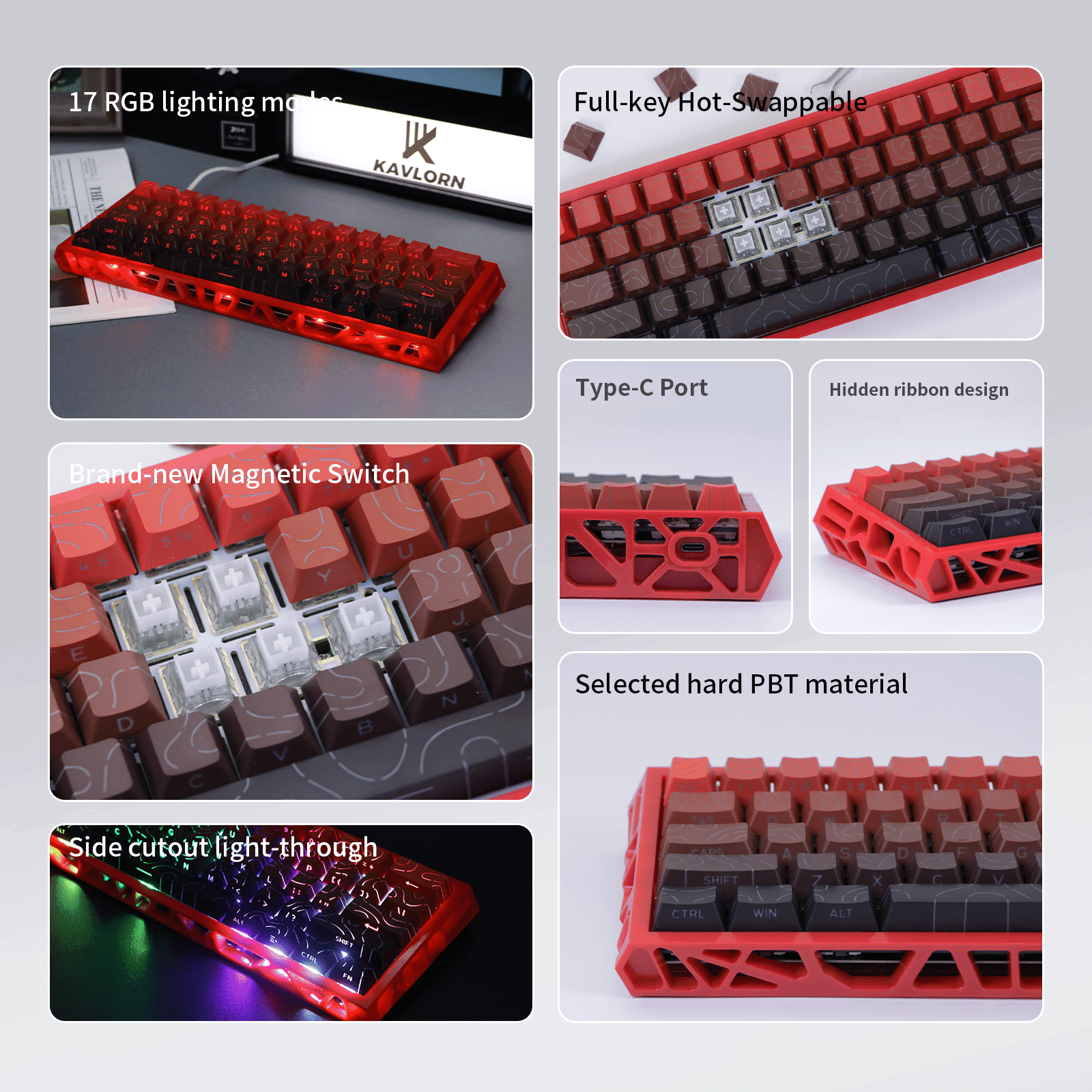 Magnetic Switch Gaming Keyboard, 61-Key 60% Layout, 6-Color Skeleton Hollow Case, RGB Backlit, Full N-Key Rollover, Hot-Swappable Adjustable Magnetic Switches, Backlit PBT Keycaps
