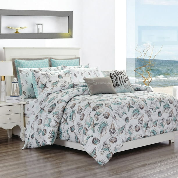 11 Piece Seashells Aqua Gray Reversible Comforter Set With Sheets