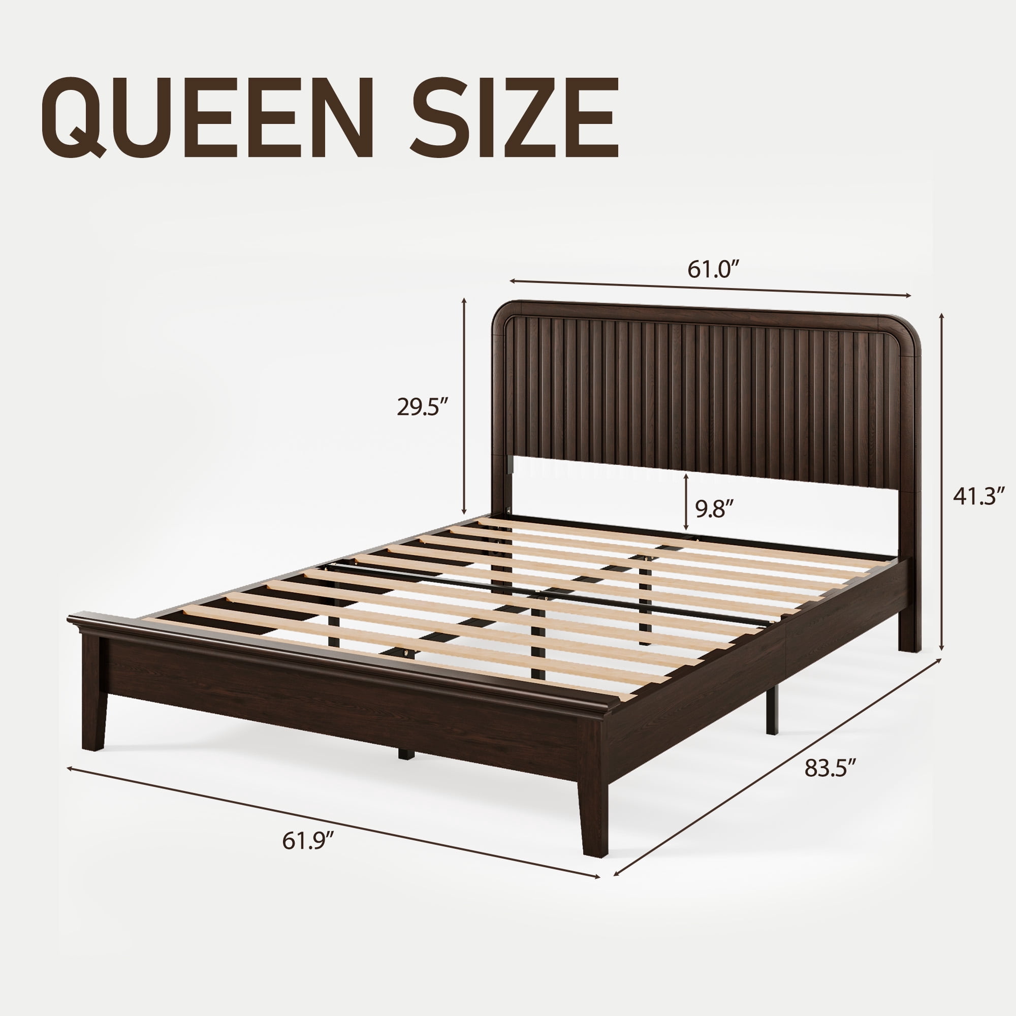 Fluest Queen Bed Frame with Slat Headboard, Solid Wood Bed Frame, No Box Spring Needed, Noise-Free, Rustic Brown