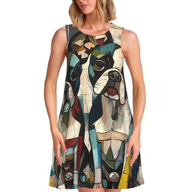 Disketp Colorful Bulldog Duo para Vestido sin Mangas para Mujeres, Vestidos de Verano para Mujeres, Casual y Holgado para la Playa