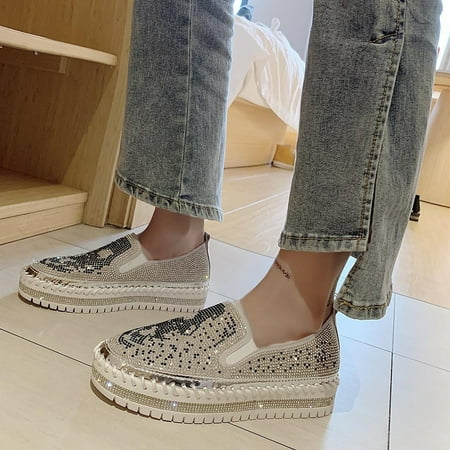 EQWLJWE Women Fashion Flat Heel Crystal Rhinestone Glitter Slip On Platform Loafers Shoe Women s Flat Shoes Holiday Clearance
