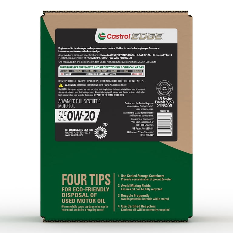 Castrol EDGE 0W-20 Advanced Full Synthetic Motor Oil, 5 Quarts Eco