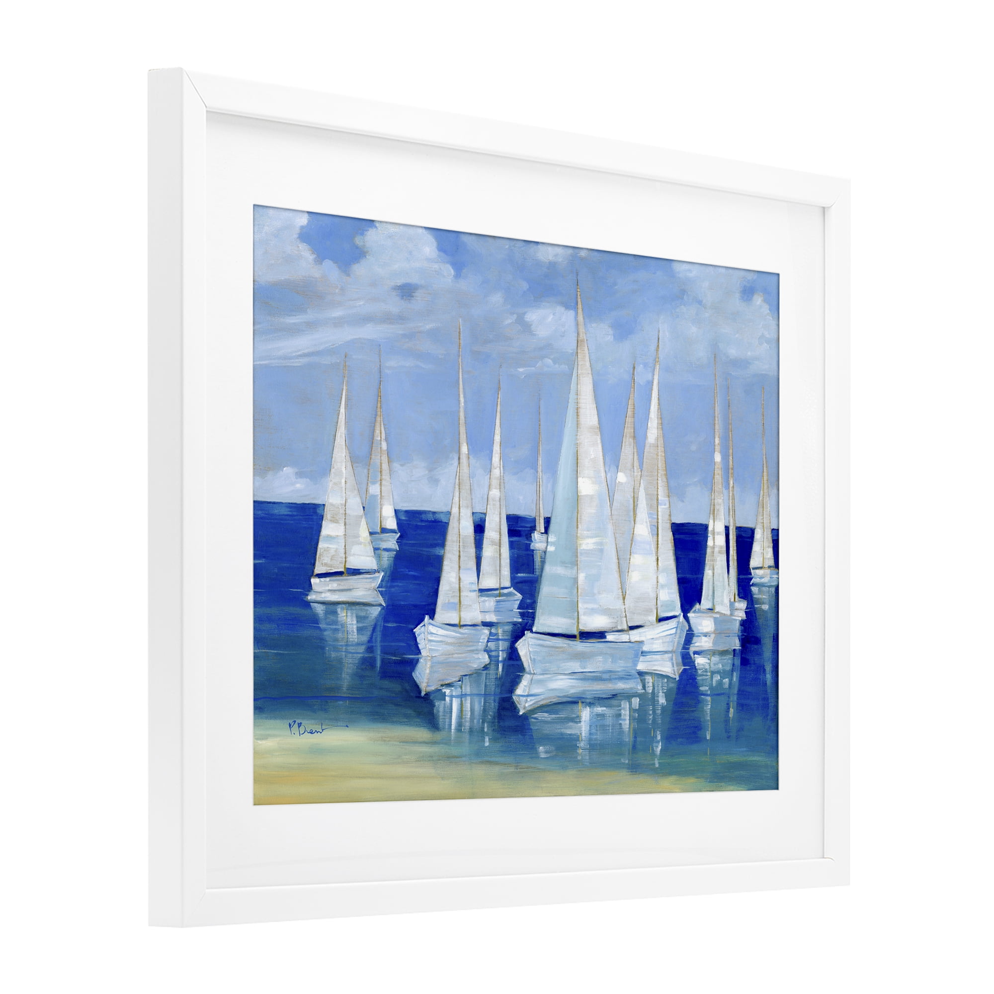 Stupell Industries Blanco Beach Sailboats White Framed Print Under Glass, design by Paul Brent
