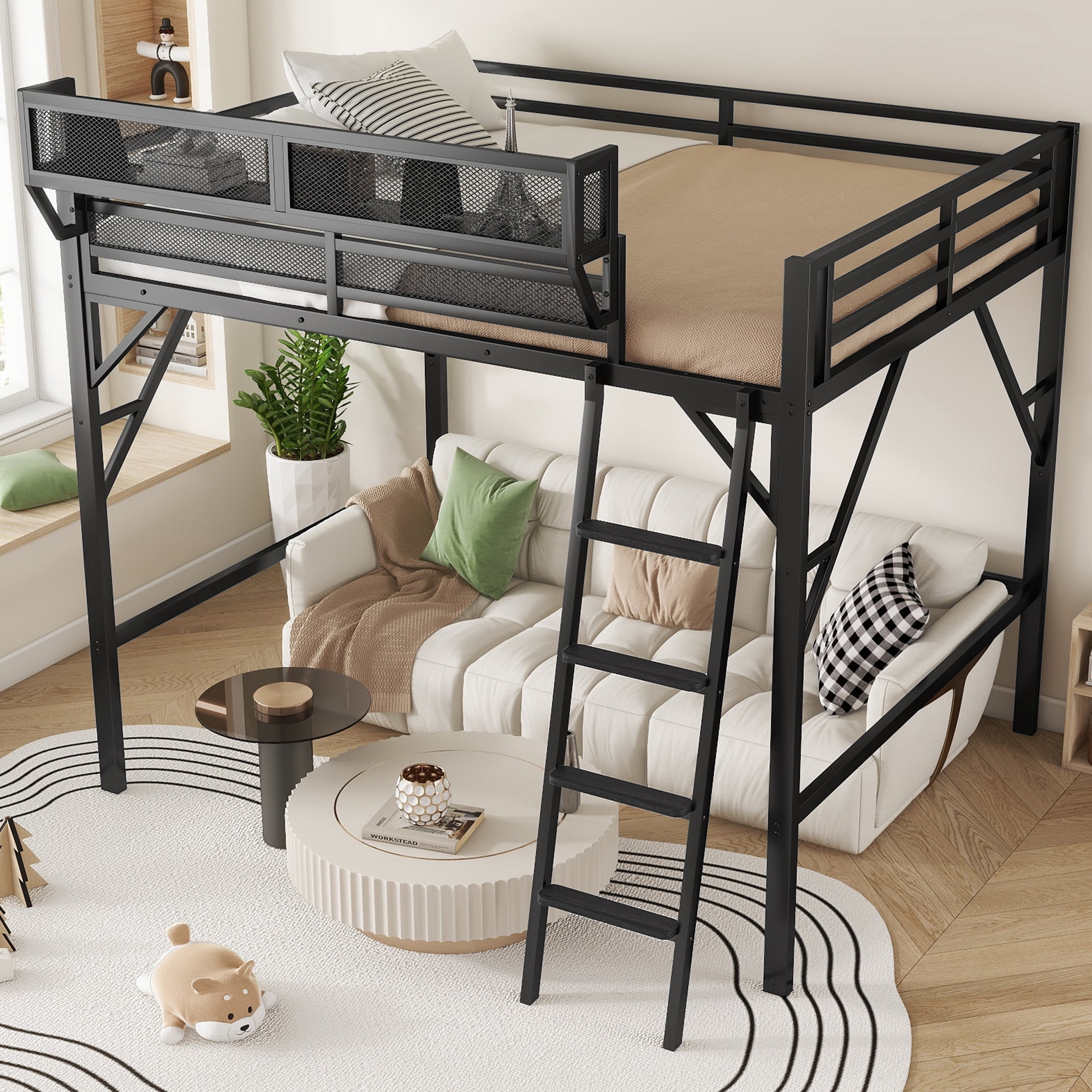 Queen Size Loft Bed with Ladder, Metal Loft Bed with Storage Shelves, High Loft Bed for Kids Teens, Black