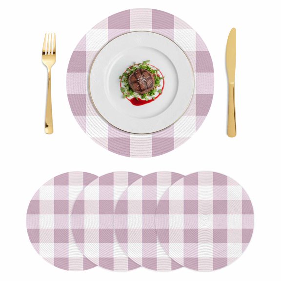 Pink Plaid Round 13 Inch Placemats Set of 4, Spring Summer Farmhouse Buffalo Checkered HeatResistant Non Slip Place Mats for Dining Table, Wipeable Braided Kitchen Table Mats for Housewarming